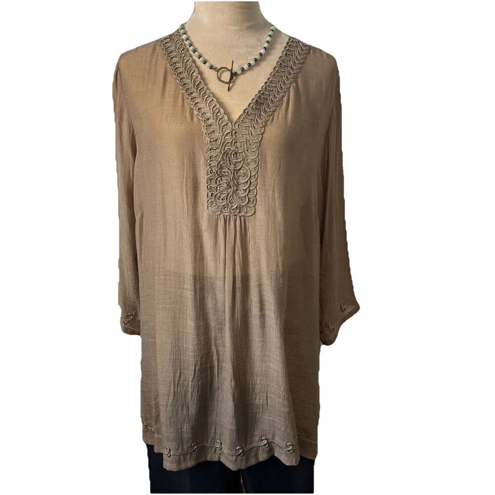 Krazy Kat Women's Tunic Blouse Semi Sheer V-Neck Braided Trim Detailing Size XXL